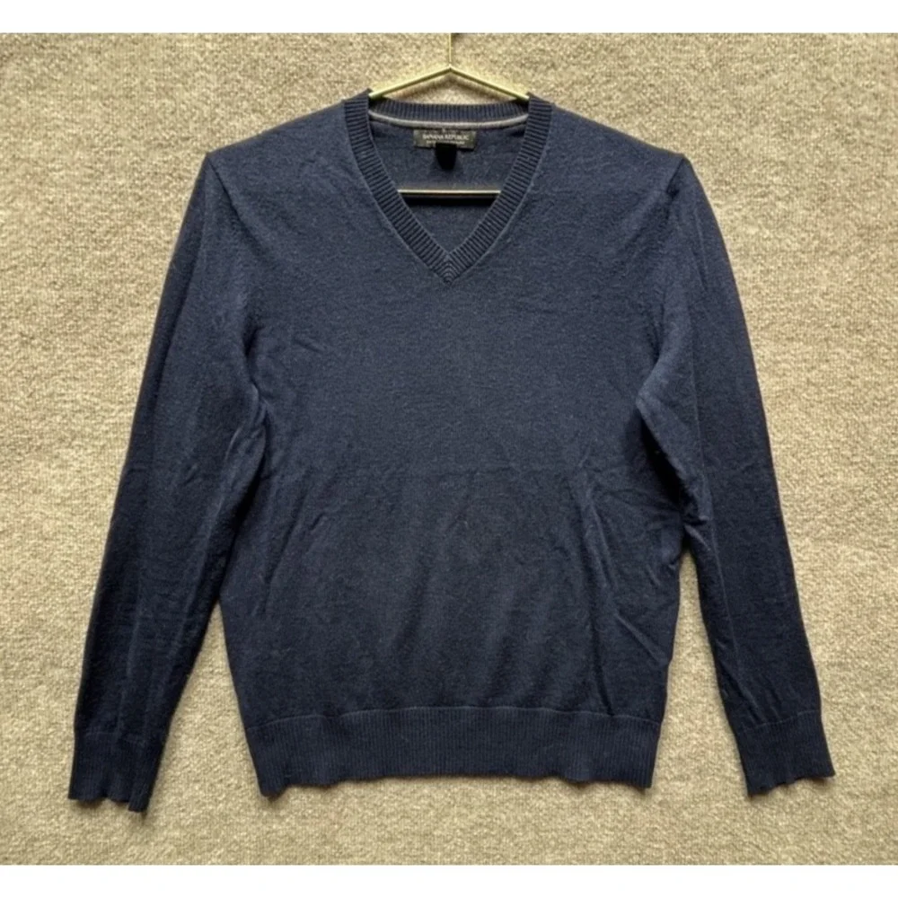 Banana‎ Republic Pullover Men Medium Navy Blue V Neck Merino Wool Sweater